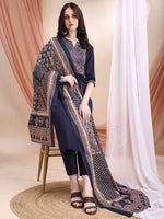 Thumbnail for Embroidered & Ethnic Printed Kurta With Pant & Printed Dupatta, Navy Blue - Hiral Fashion - Distacart