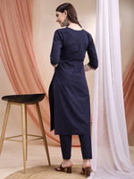 Thumbnail for Embroidered & Ethnic Printed Kurta With Pant & Printed Dupatta, Navy Blue - Hiral Fashion - Distacart