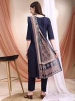 Thumbnail for Embroidered & Ethnic Printed Kurta With Pant & Printed Dupatta, Navy Blue - Hiral Fashion - Distacart