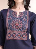 Thumbnail for Embroidered & Ethnic Printed Kurta With Pant & Printed Dupatta, Navy Blue - Hiral Fashion - Distacart