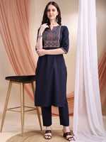 Thumbnail for Embroidered & Ethnic Printed Kurta With Pant & Printed Dupatta, Navy Blue - Hiral Fashion - Distacart