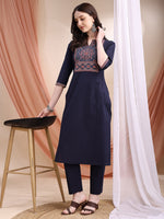 Thumbnail for Embroidered & Ethnic Printed Kurta With Pant & Printed Dupatta, Navy Blue - Hiral Fashion - Distacart