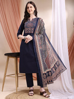 Thumbnail for Embroidered & Ethnic Printed Kurta With Pant & Printed Dupatta, Navy Blue - Hiral Fashion - Distacart