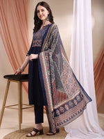 Thumbnail for Embroidered & Ethnic Printed Kurta With Pant & Printed Dupatta, Navy Blue - Hiral Fashion - Distacart