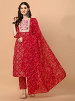 Thumbnail for Bandhani Printed & Embroidered Kurta With Pant And Dupatta Set, Multicolor - Hiral Fashion - Dista