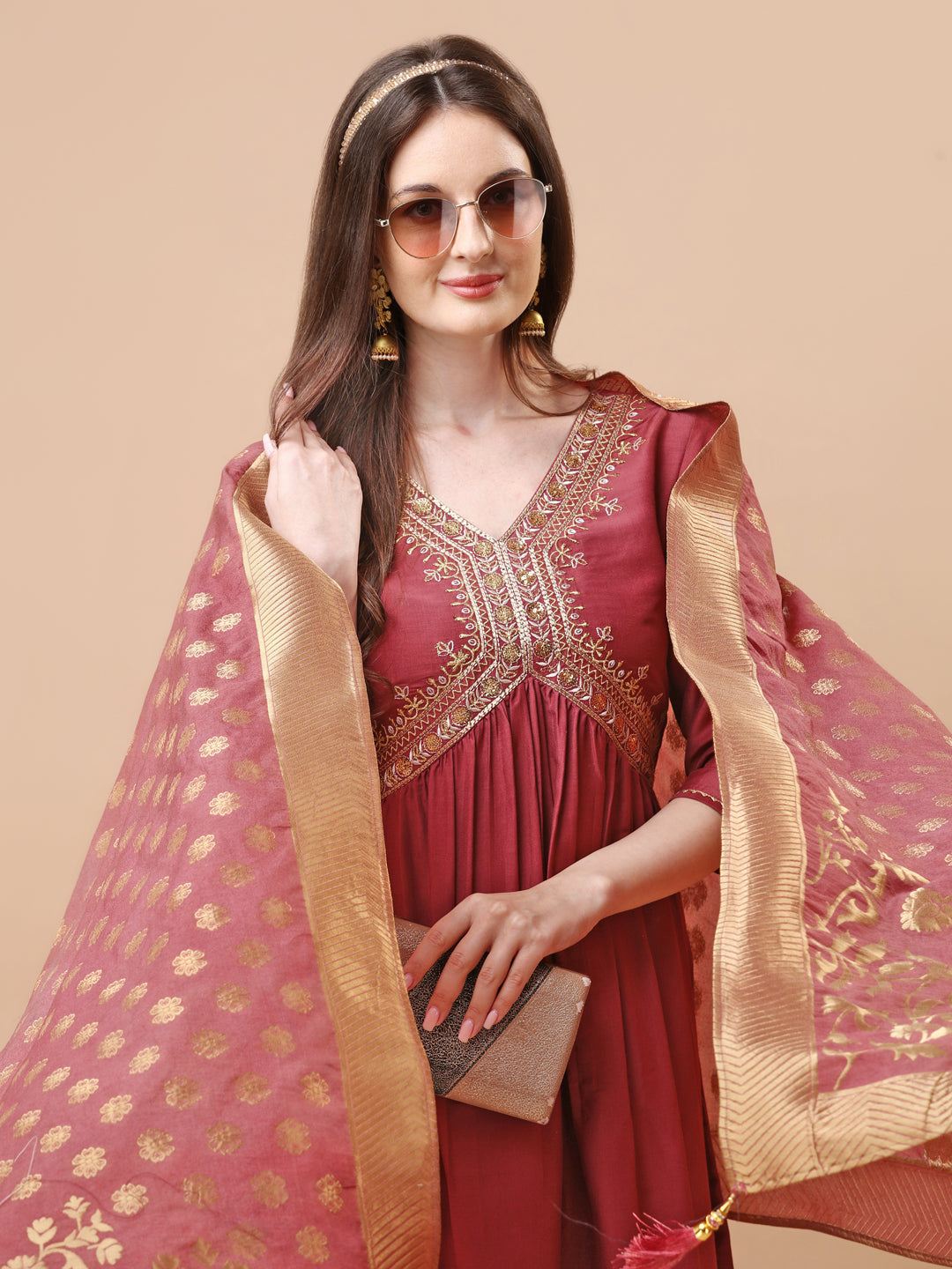 Alia Cut Sequined Embroidered Premium Kurta Set With Banarasi Silk Dupatta, Multicolor - Hiral Fashion - Dista