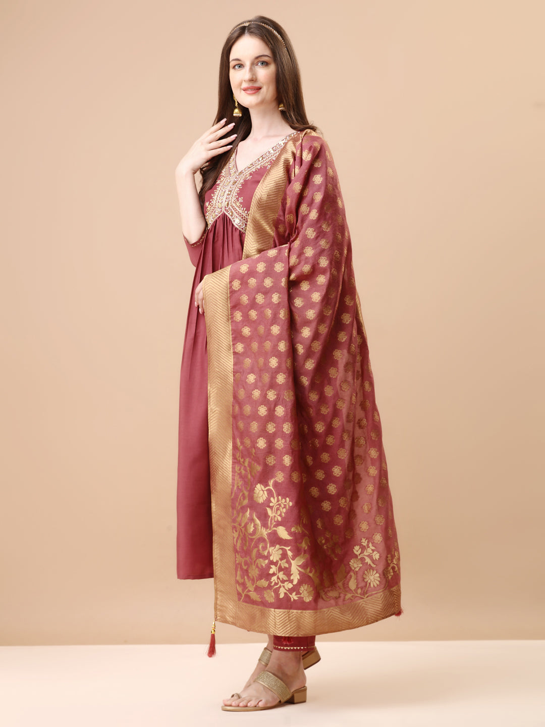 Alia Cut Sequined Embroidered Premium Kurta Set With Banarasi Silk Dupatta, Multicolor - Hiral Fashion - Dista