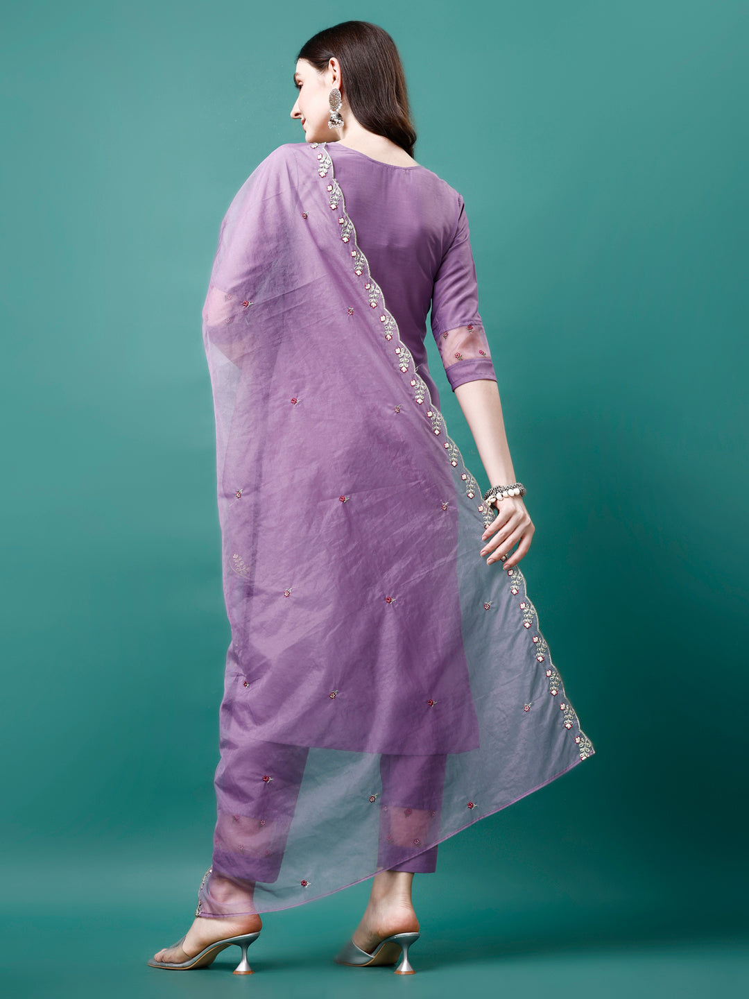 Embroidered Kurta With Pant & Premium Embroidered Organza Dupatta, Multicolor - Hiral Fashion - Dista