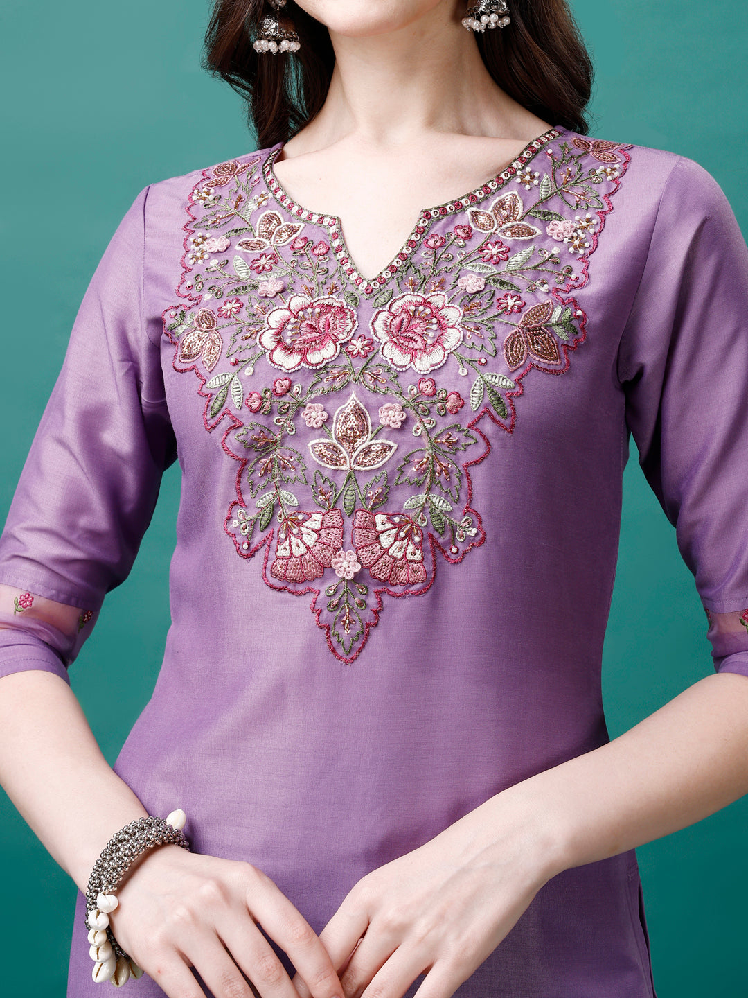 Embroidered Kurta With Pant & Premium Embroidered Organza Dupatta, Multicolor - Hiral Fashion - Dista