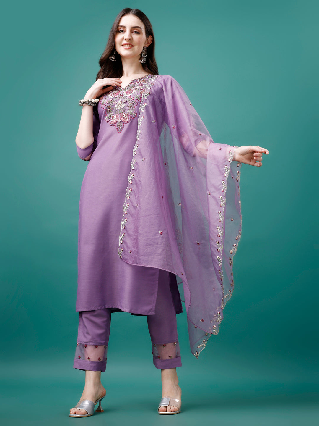 Embroidered Kurta With Pant & Premium Embroidered Organza Dupatta, Multicolor - Hiral Fashion - Dista