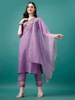 Thumbnail for Embroidered Kurta With Pant & Premium Embroidered Organza Dupatta, Multicolor - Hiral Fashion - Dista