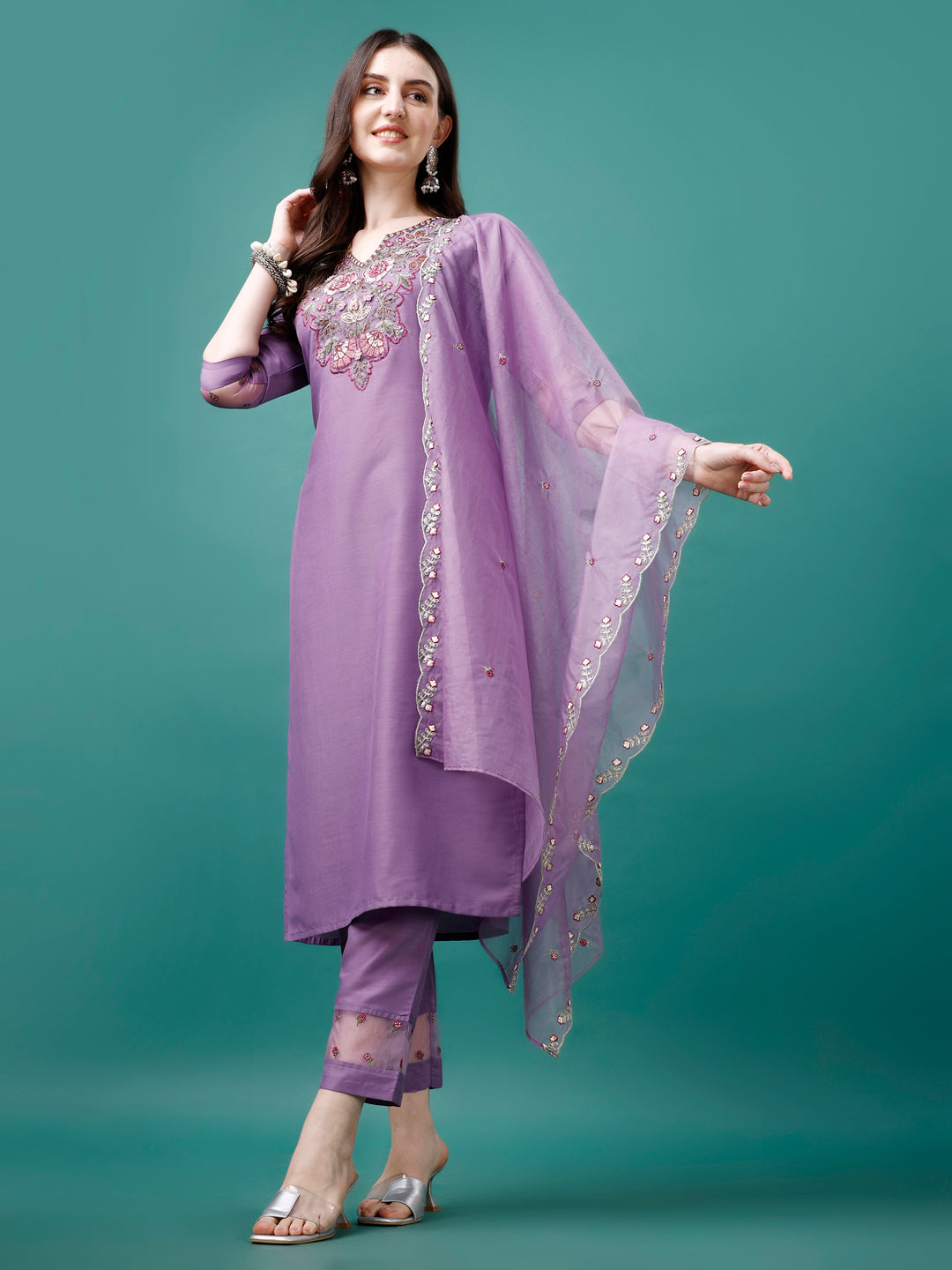 Embroidered Kurta With Pant & Premium Embroidered Organza Dupatta, Multicolor - Hiral Fashion - Dista