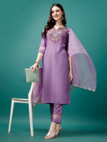 Thumbnail for Embroidered Kurta With Pant & Premium Embroidered Organza Dupatta, Multicolor - Hiral Fashion - Dista