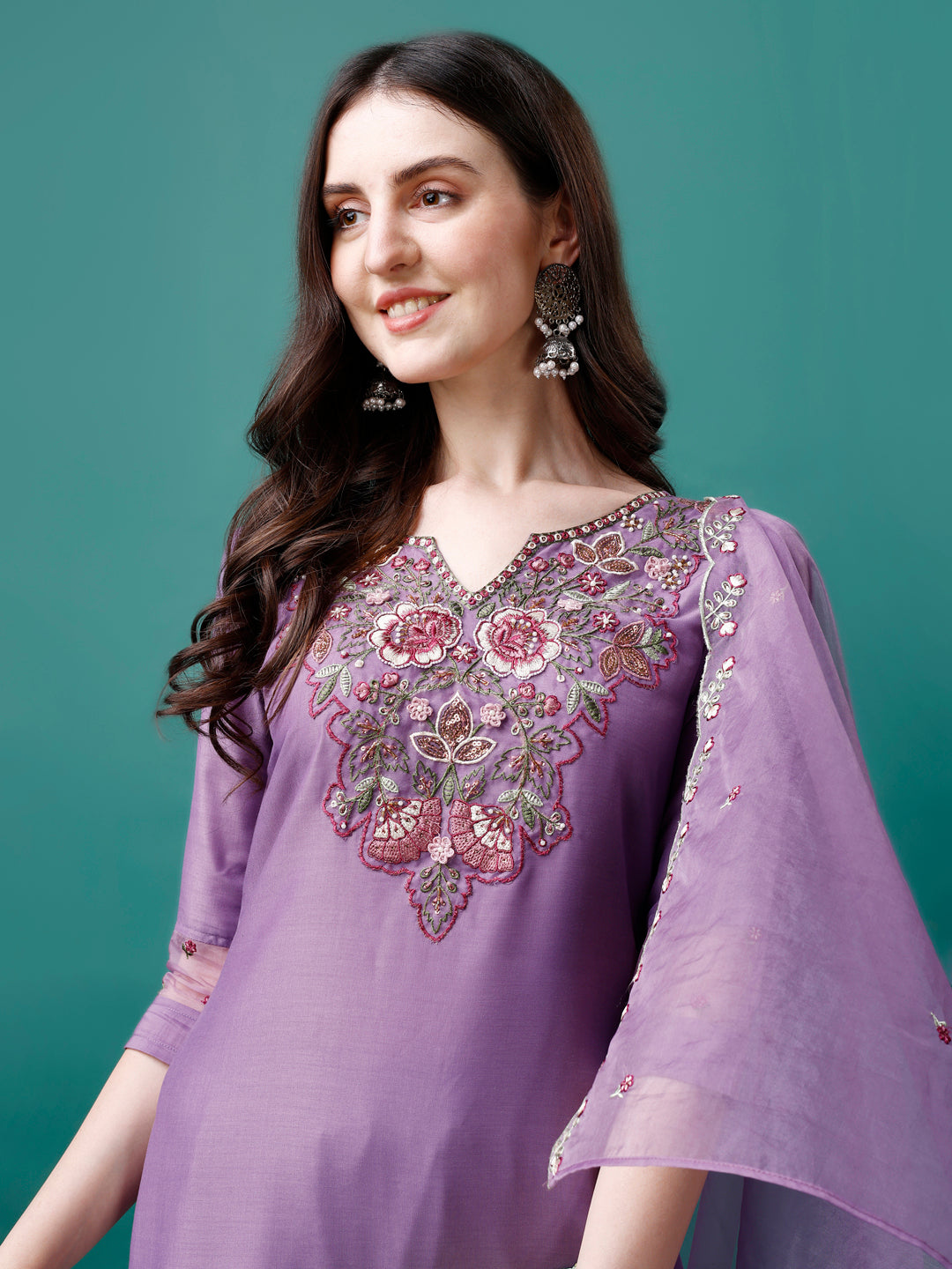 Embroidered Kurta With Pant & Premium Embroidered Organza Dupatta, Multicolor - Hiral Fashion - Dista