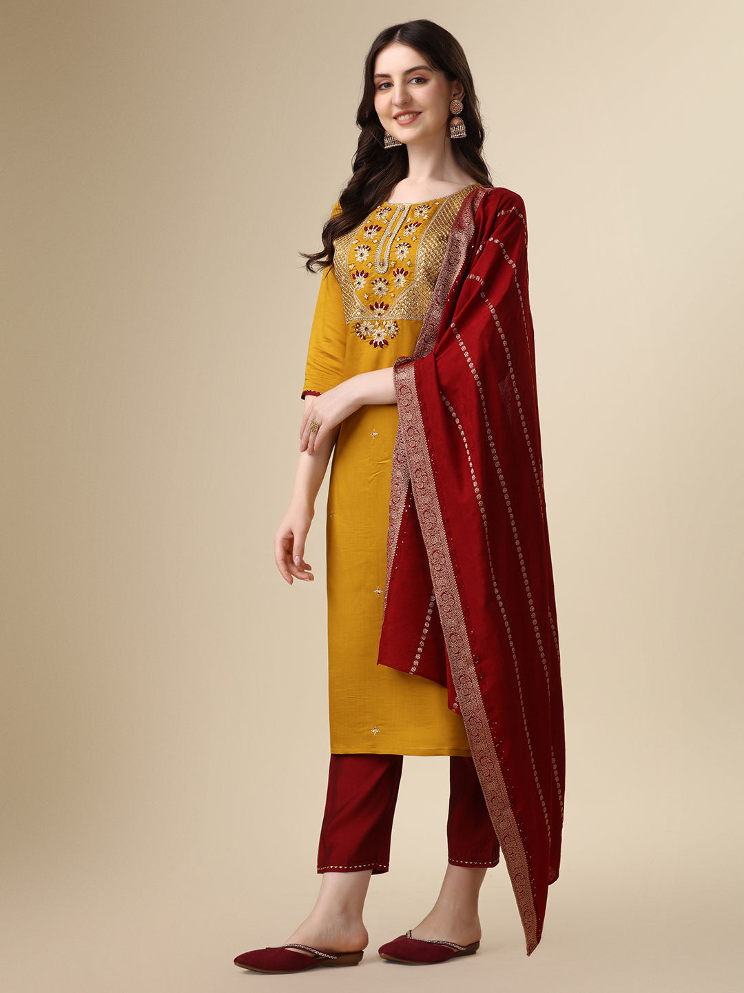 Hand Embroidered Kurta With Pant & Dupatta Set, Multicolor - Hiral Fashion - Dista