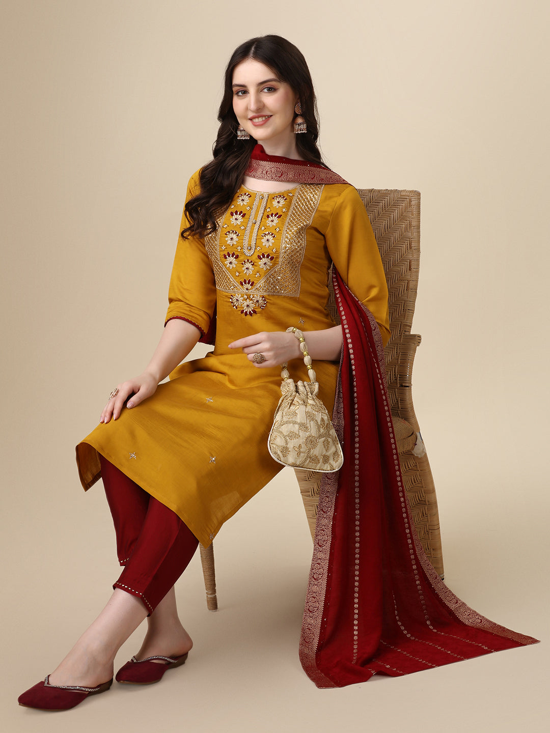Hand Embroidered Kurta With Pant & Dupatta Set, Multicolor - Hiral Fashion - Dista