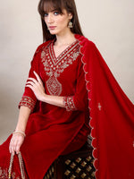 Thumbnail for Embroidered Velvet Kurta With Pant & Dupatta, Pink - Hiral Fashion - Distacart