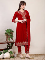 Thumbnail for Embroidered Velvet Kurta With Pant & Dupatta, Pink - Hiral Fashion - Distacart
