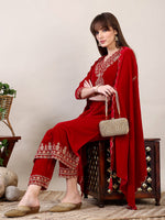 Thumbnail for Embroidered Velvet Kurta With Pant & Dupatta, Pink - Hiral Fashion - Distacart