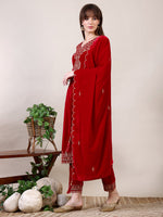 Thumbnail for Embroidered Velvet Kurta With Pant & Dupatta, Pink - Hiral Fashion - Distacart