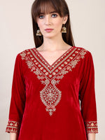 Thumbnail for Embroidered Velvet Kurta With Pant & Dupatta, Pink - Hiral Fashion - Distacart