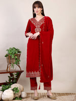 Thumbnail for Embroidered Velvet Kurta With Pant & Dupatta, Pink - Hiral Fashion - Distacart