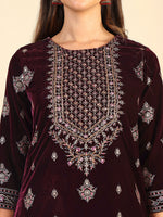 Thumbnail for Hand & Foil Printed Velvet Kurta With Pant & Dupatta, Wine - Hiral Fashion - Distacart