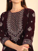 Thumbnail for Hand & Foil Printed Velvet Kurta With Pant & Dupatta, Wine - Hiral Fashion - Distacart