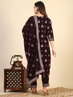 Thumbnail for Hand & Foil Printed Velvet Kurta With Pant & Dupatta, Wine - Hiral Fashion - Distacart