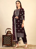 Thumbnail for Hand & Foil Printed Velvet Kurta With Pant & Dupatta, Wine - Hiral Fashion - Distacart