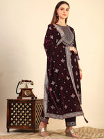 Thumbnail for Hand & Foil Printed Velvet Kurta With Pant & Dupatta, Wine - Hiral Fashion - Distacart