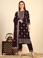 Thumbnail for Hand & Foil Printed Velvet Kurta With Pant & Dupatta, Wine - Hiral Fashion - Distacart