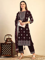 Thumbnail for Hand & Foil Printed Velvet Kurta With Pant & Dupatta, Wine - Hiral Fashion - Distacart