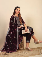 Thumbnail for Hand & Foil Printed Velvet Kurta With Pant & Dupatta, Wine - Hiral Fashion - Distacart