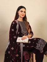 Thumbnail for Hand & Foil Printed Velvet Kurta With Pant & Dupatta, Wine - Hiral Fashion - Distacart