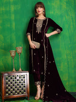 Thumbnail for Thread & Sequined Embroidered Velvet Kurta With Pant & Embroidered Dupatta, Wine - Hiral Fashion - Distacart
