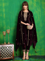 Thumbnail for Thread & Sequined Embroidered Velvet Kurta With Pant & Embroidered Dupatta, Wine - Hiral Fashion - Distacart
