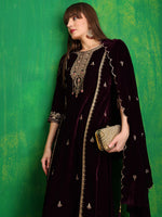 Thumbnail for Thread & Sequined Embroidered Velvet Kurta With Pant & Embroidered Dupatta, Wine - Hiral Fashion - Distacart