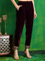 Thumbnail for Thread & Sequined Embroidered Velvet Kurta With Pant & Embroidered Dupatta, Wine - Hiral Fashion - Distacart
