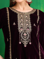 Thumbnail for Thread & Sequined Embroidered Velvet Kurta With Pant & Embroidered Dupatta, Wine - Hiral Fashion - Distacart
