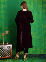 Thumbnail for Thread & Sequined Embroidered Velvet Kurta With Pant & Embroidered Dupatta, Wine - Hiral Fashion - Distacart