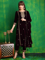 Thumbnail for Thread & Sequined Embroidered Velvet Kurta With Pant & Embroidered Dupatta, Wine - Hiral Fashion - Distacart
