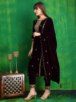 Thumbnail for Thread & Sequined Embroidered Velvet Kurta With Pant & Embroidered Dupatta, Wine - Hiral Fashion - Distacart
