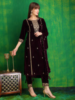 Thumbnail for Thread & Sequined Embroidered Velvet Kurta With Pant & Embroidered Dupatta, Wine - Hiral Fashion - Distacart