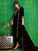 Thumbnail for Thread & Sequined Embroidered Velvet Kurta With Pant & Embroidered Dupatta, Wine - Hiral Fashion - Distacart