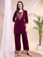Thumbnail for Embroidered Velvet Co-Ords, Pink - Hiral Fashion - Distacart