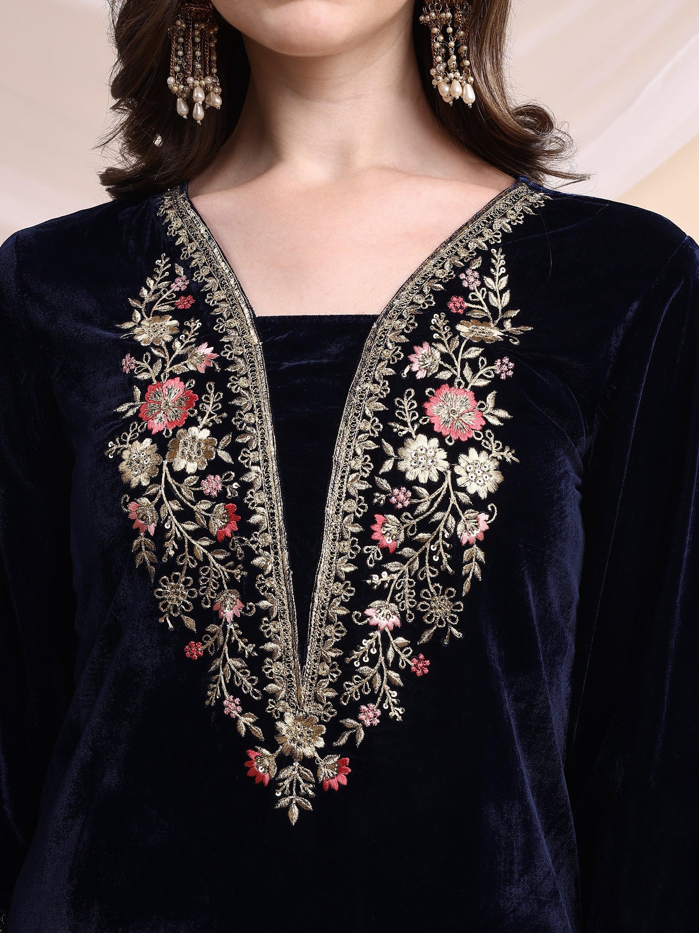 Embroidered Velvet Co-Ords, Navy Blue - Hiral Fashion - Distacart