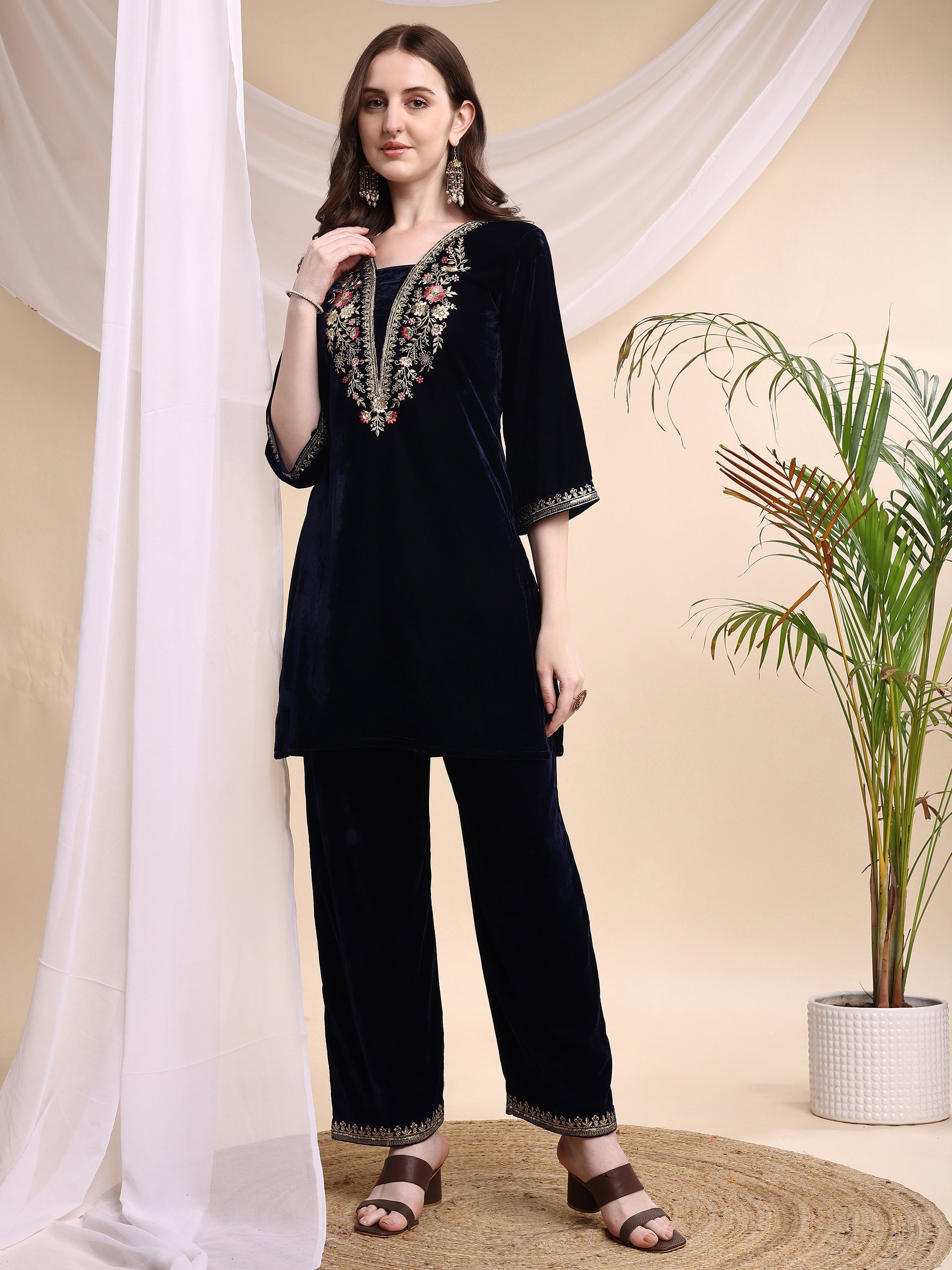 Embroidered Velvet Co-Ords, Navy Blue - Hiral Fashion - Distacart