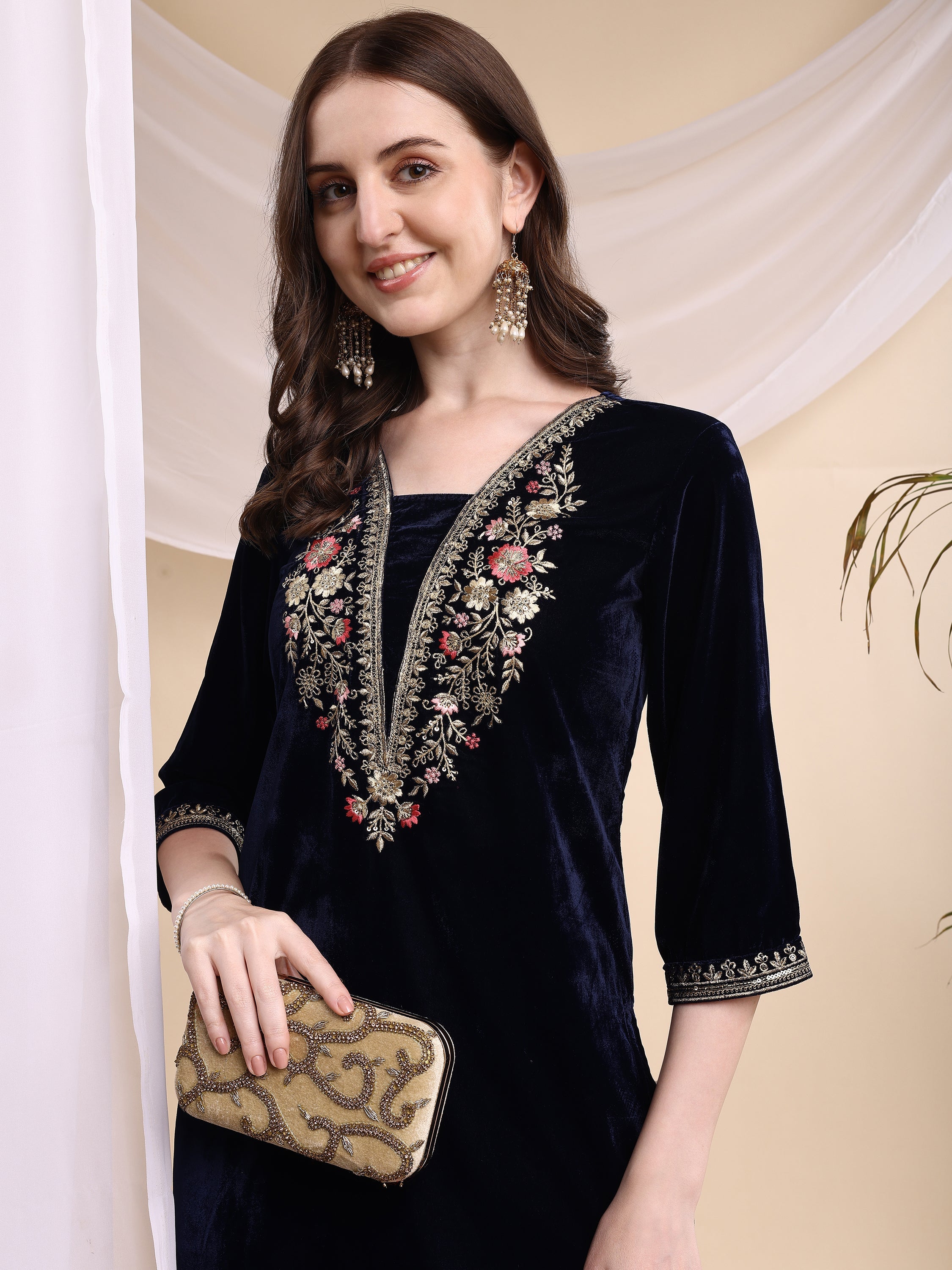 Embroidered Velvet Co-Ords, Navy Blue - Hiral Fashion - Distacart