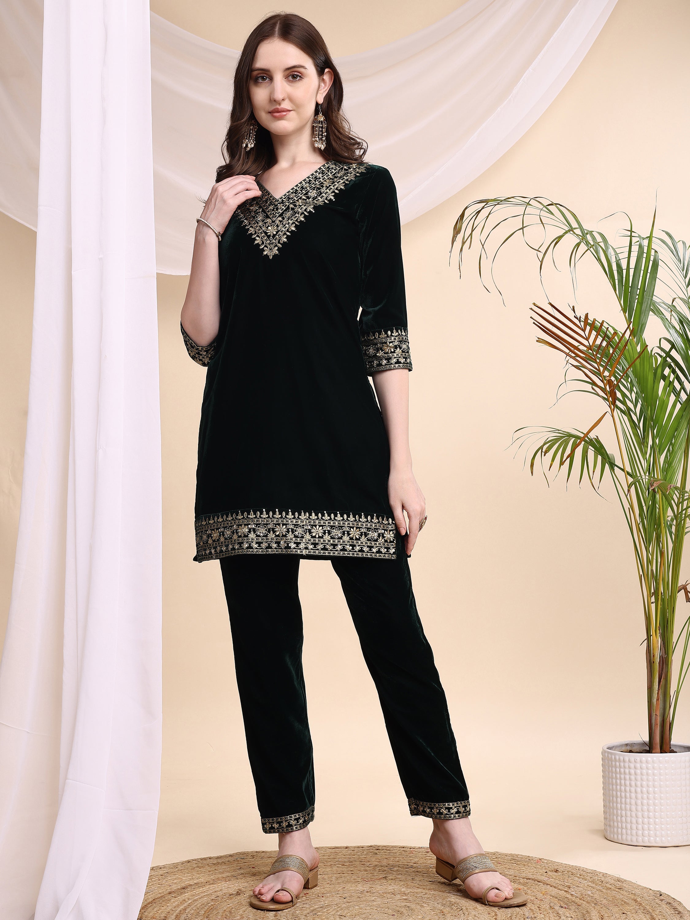 Embroidered Velvet Co-Ords, Bottle-Green - Hiral Fashion